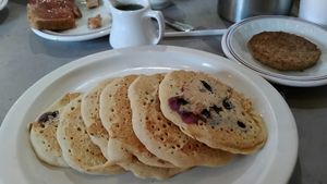 vegan blueberry pancakes and sausage! at Hot Stacks Cafe in Myrtle Beach