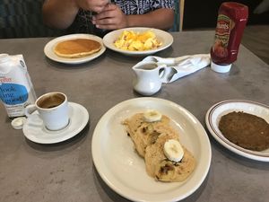 espresso, vegan pancakes, vegan sausage, and hubby's food at Hot Stacks Cafe in Myrtle Beach