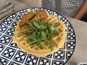 Vegan chick’n and waffles  at Hot Stacks Cafe in Myrtle Beach
