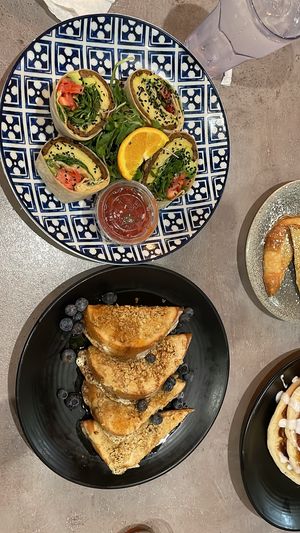 Just Egg Roll and Vegan French Toast  at Hot Stacks Cafe in Myrtle Beach