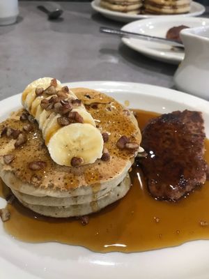Banana pecan pancakes with 1/2 a sausage patty at Hot Stacks Cafe in Myrtle Beach