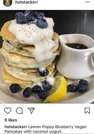 Blueberry Lemon-Poppy Vegan Pancakes with Coconut Yogurt served w maple syrup at Hot Stacks Cafe in Myrtle Beach