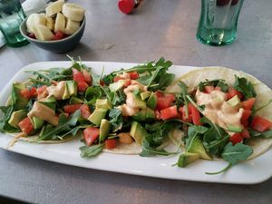 Vegan tacos (contains Gimme Lean Sausage) at Hot Stacks Cafe in Myrtle Beach