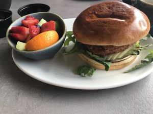 Chicken finger sandwich and fruit bowl at Hot Stacks Cafe in Myrtle Beach