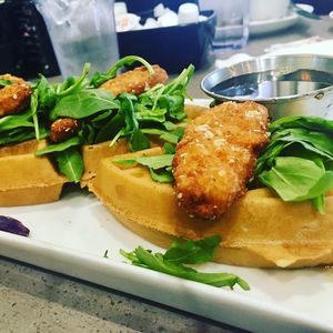 Chikn and waffles with gardein chikn at Hot Stacks Cafe in Myrtle Beach