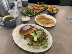 Sausage sandwich, hash browns, home fries,  and chick'n & waffles.  at Hot Stacks Cafe in Myrtle Beach