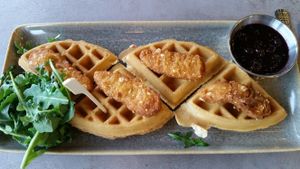 Vegan Chicken and Waffles (chicken is gluten-based) at Hot Stacks Cafe in Myrtle Beach