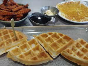 Vegan Waffle, sweet potato fries, hashbrowns, pure maple syrup and vegan butter. at Hot Stacks Cafe in Myrtle Beach