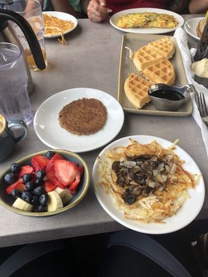 Vegan Waffles & sausage patty at Hot Stacks Cafe in Myrtle Beach