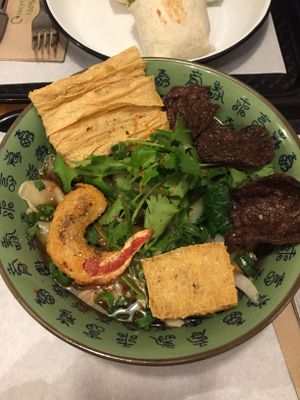 Taiwanese noodle soup with vegan gamba, seitan jerky, and dumplings at Loving Hut Veganerie in Leuven