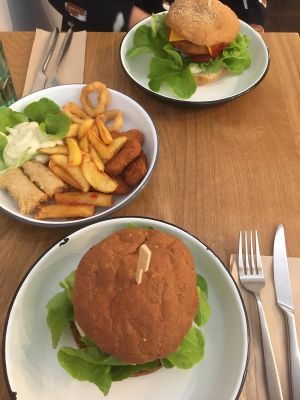 Burgers and the monkey grease platter at Loving Hut Veganerie in Leuven