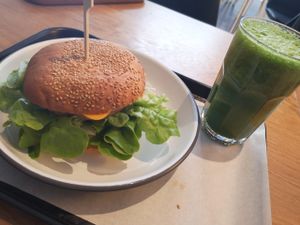 Burger and Detox juice at Loving Hut Veganerie in Leuven