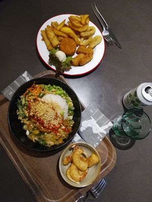 Greasy monkey, scampy tempura, and crispy chicky bowl! more than enough for 2 people... :) at Loving Hut Veganerie in Leuven