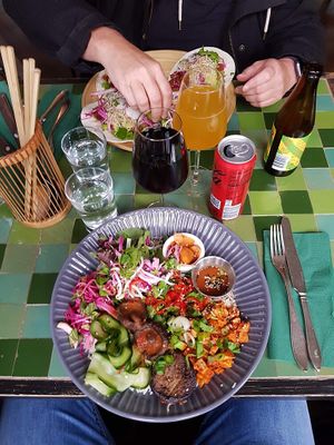 Bibimbap and tacos in the background   at Sajvva in Malmo