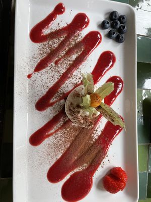 Chocolate cake with vanilla ice cream and blueberry sauce   at Sajvva in Malmo
