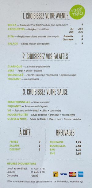 The menu at Falafel Avenue - University in Montreal