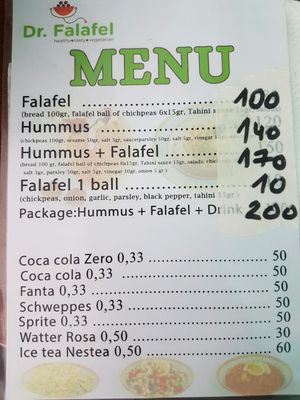 Menu as of september '17 at Dr. Falafel in Ohrid