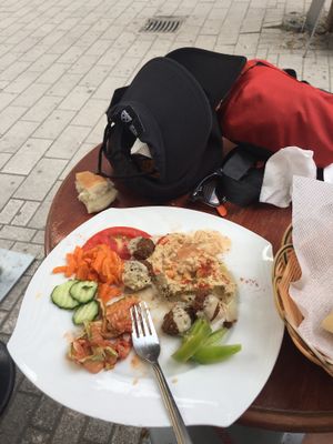 Falafels, hummus, pickles and raw veggies  at Dr. Falafel in Ohrid