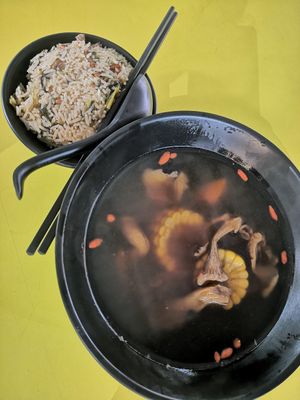 Ginseng, Chanterelle mushroom and chestnut soup with mustard green rice at Jeun VirtueFarm in Central Singapore