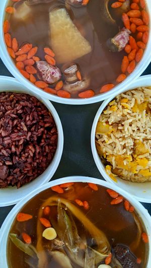 Rose, white button mushroom, red lotus seed, dried longan, lily bulb, white fungus soup. Pitaya flower, fig, monk fruit, solomonseal, lentil soup. Pumpkin rice. Peanut purple rice. at Jeun VirtueFarm in Central Singapore