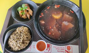 Soup with wholegrain rice Meal Set A $6.50 + Ngoh Hiang side at Jeun VirtueFarm in Central Singapore
