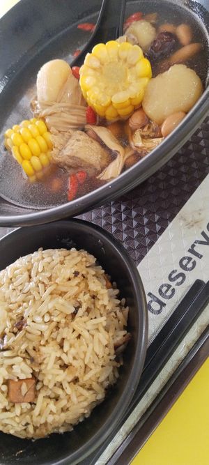 马蹄花生腐竹汤+橄榄菜饭$6.50 at Jeun VirtueFarm in Central Singapore