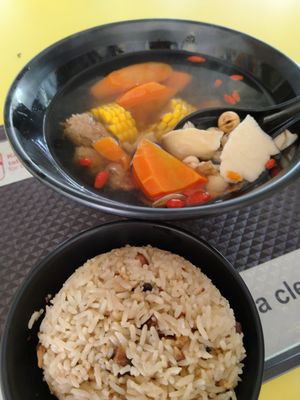 当归杏鲍菇四神汤+芋头饭 $6.50 at Jeun VirtueFarm in Central Singapore