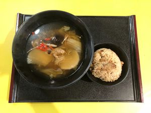 Assorted mushrooms, peppercorns, cabbage and radish soup with Mushroom rice at Jeun VirtueFarm in Central Singapore