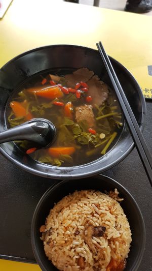 Watercress herbal soup. 
Soup is not heavily musked by spices to allow natural flavour to hit the taste buds.
Minimal oil used from the surface of the bowl too.
Value for money. at Jeun VirtueFarm in Central Singapore