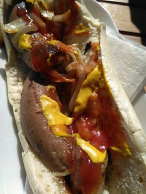 vegan vegusto hot dog at Loving Hut Cafe - St Peter's Place in Brighton
