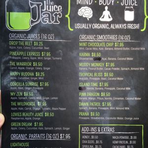 menu side one at The Juice Jar in Corolla