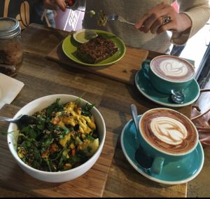 Quinoa and egg slice, two kinds of salad, coffee and a hot chocolate.  at Nutrition Republic in Goodwood