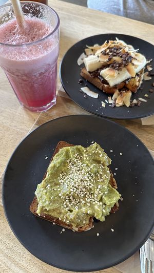 Avo Good Day, Choc Banana Toast and Coco Love Coconut water elixir  at Nutrition Republic in Goodwood