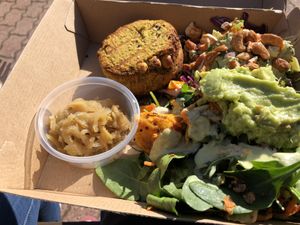 Mix of salads, Avo mash, Chickpea & Lentil stack and Kimchi at Nutrition Republic in Goodwood