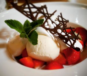 Soy ice cream with fresh strawberries and whipped soy cream :D at The Green Room in Gothenburg