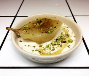 Posset pear on cashew cream with pistachios and agave nectar!!!  at Mama Tierra in Athens