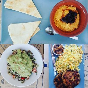 red hummus, salad with avocado, ? burgers at Mama Tierra in Athens