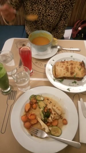 Green smoothie, ginger & ibisqus , sweet potato soup, mousaka and grilled vegetables....... Delicious!!!!! at Mama Tierra in Athens