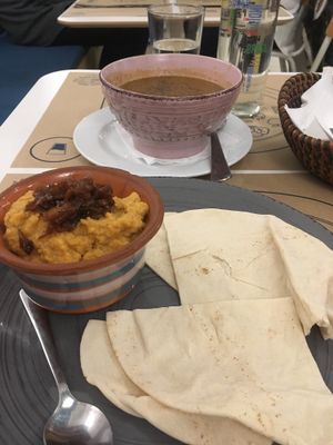 Hummus and mushroom soup at Mama Tierra in Athens