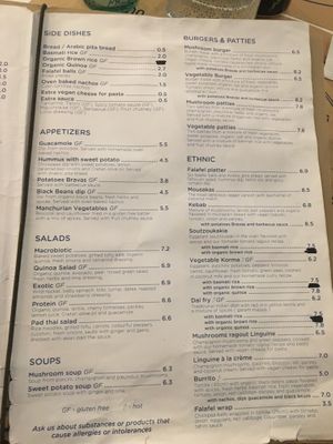 Menu at Mama Tierra in Athens