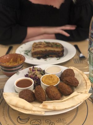 Falafel platter and mousakka ! at Mama Tierra in Athens