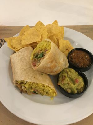 Burrito with black bean dip, guacamole and nachos  at Mama Tierra in Athens