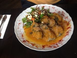 Wild mushroom gnocchi with pumpkin purée, sage butter, and hazelnut parmesan. at GreenSoul in Leipzig