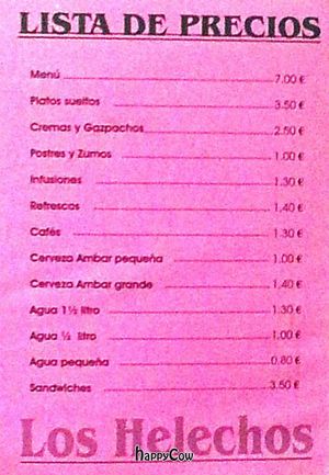 Menu at Los Helechos in Zaragoza