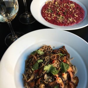 Shiitake noodles and beetroot risotto at Cargo Coffee and Kitchen in Helsinki