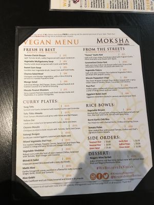 the vegan menu  at Moksha Indian Bistro in Niagara Falls