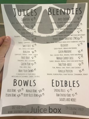 Menu at Juicebox in Burlington