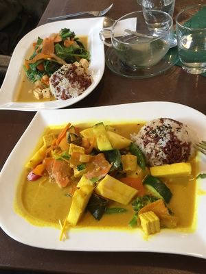 Delicious, cheap and super healthy ananas curry and spinach dish with a side of mixed kinds of rice and tasty tea. at Velvet Leaf in Berlin
