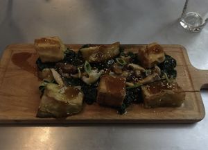 Tofu with mushrooms, spinach and aubergine. Amazing. at Teresa Carles Cocina Vegetariana in Barcelona
