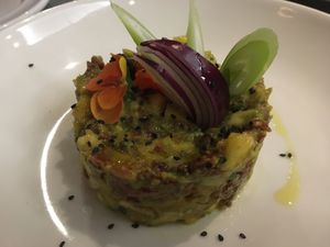 First dish: avocado tartar at Teresa Carles Cocina Vegetariana in Barcelona
